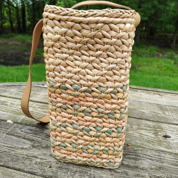 Woven Square Beach Tote Bag Straw Corn Husk Cotton Lined Natural Blue Pink - Picture 7 of 13